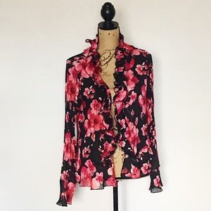 Sunny Leigh Black and Pink Floral Ruffles Cardigan